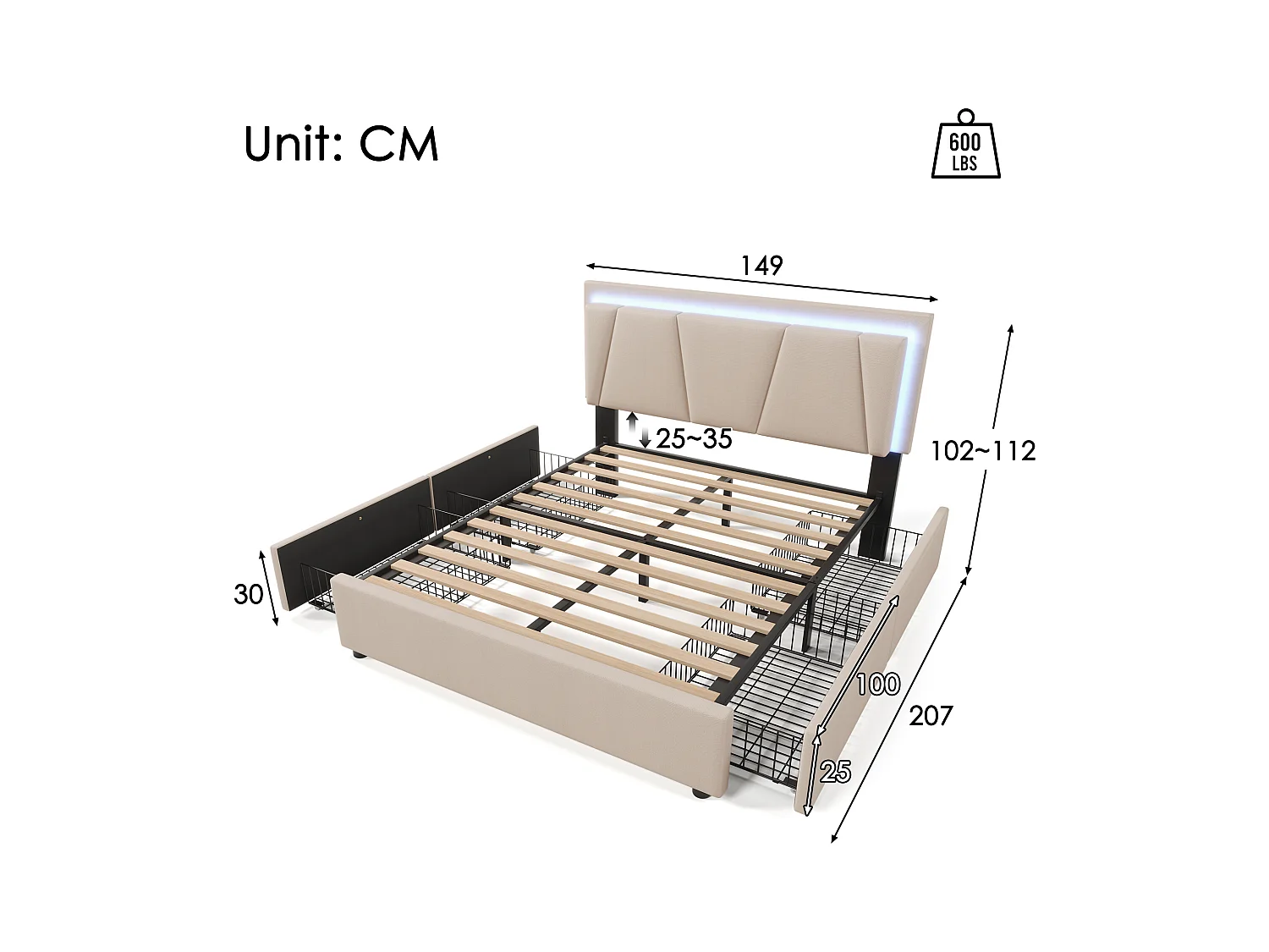 Bett 140 x 200 cm – beiges Leinen – Jugendbett mit verstellbarem Kopfteil und 4 Schubladen – LED-Beleuchtung – ohne Matratze