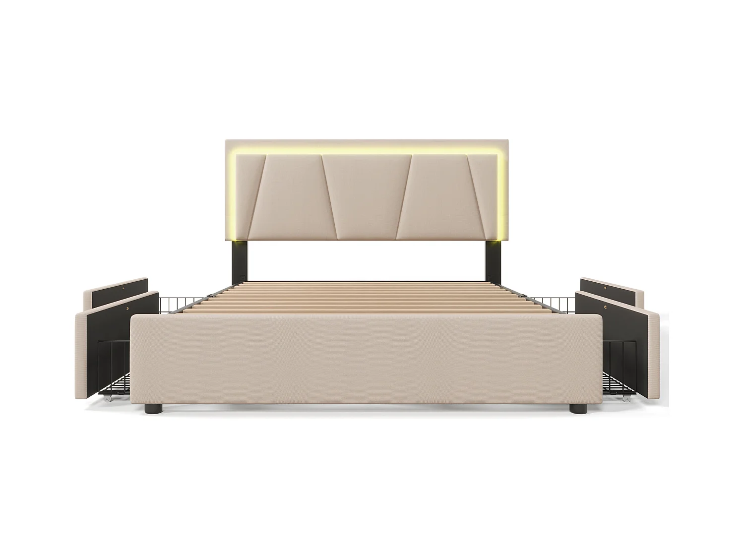 Bett 140 x 200 cm – beiges Leinen – Jugendbett mit verstellbarem Kopfteil und 4 Schubladen – LED-Beleuchtung – ohne Matratze