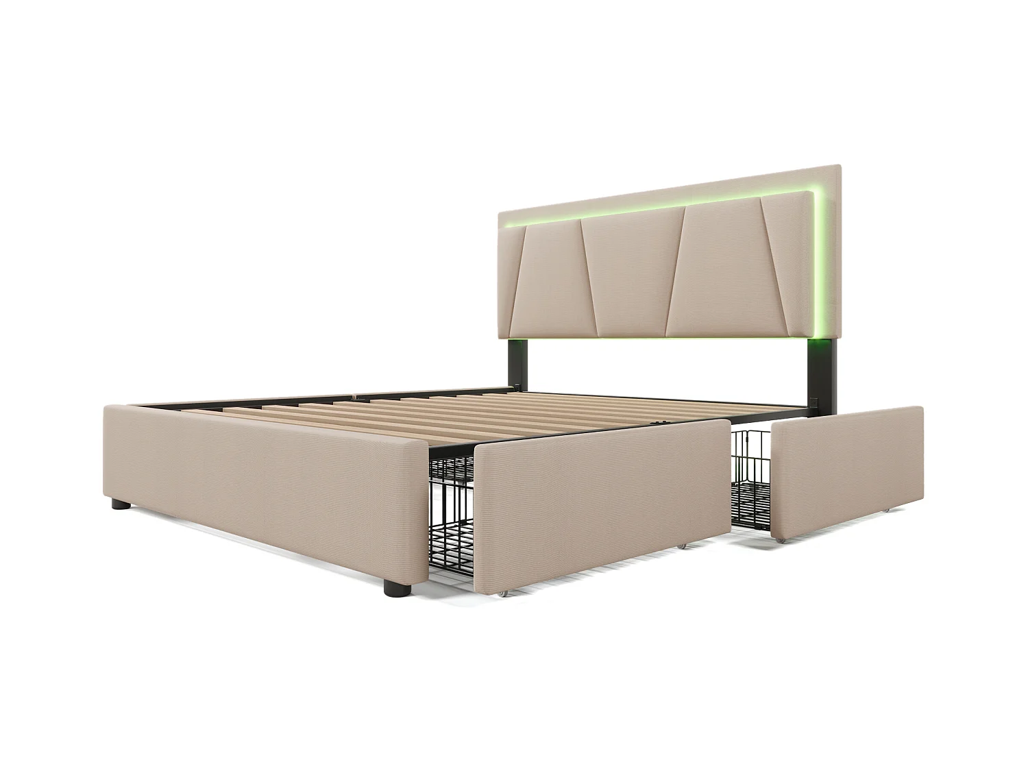 Bett 140 x 200 cm – beiges Leinen – Jugendbett mit verstellbarem Kopfteil und 4 Schubladen – LED-Beleuchtung – ohne Matratze