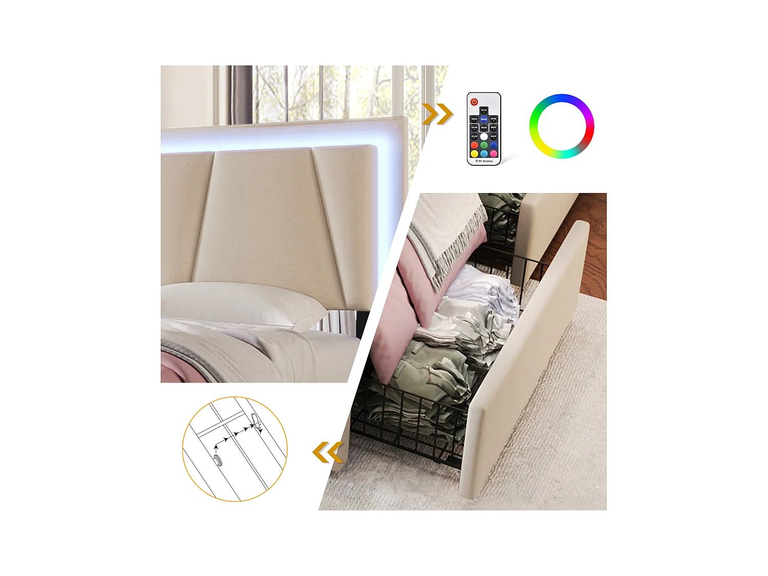 Bett 140 x 200 cm – beiges Leinen – Jugendbett mit verstellbarem Kopfteil und 4 Schubladen – LED-Beleuchtung – ohne Matratze