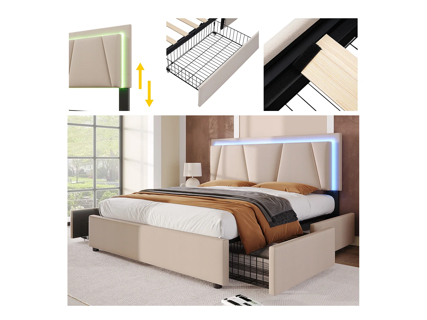 Bett 140 x 200 cm – beiges Leinen – Jugendbett mit verstellbarem Kopfteil und 4 Schubladen – LED-Beleuchtung – ohne Matratze