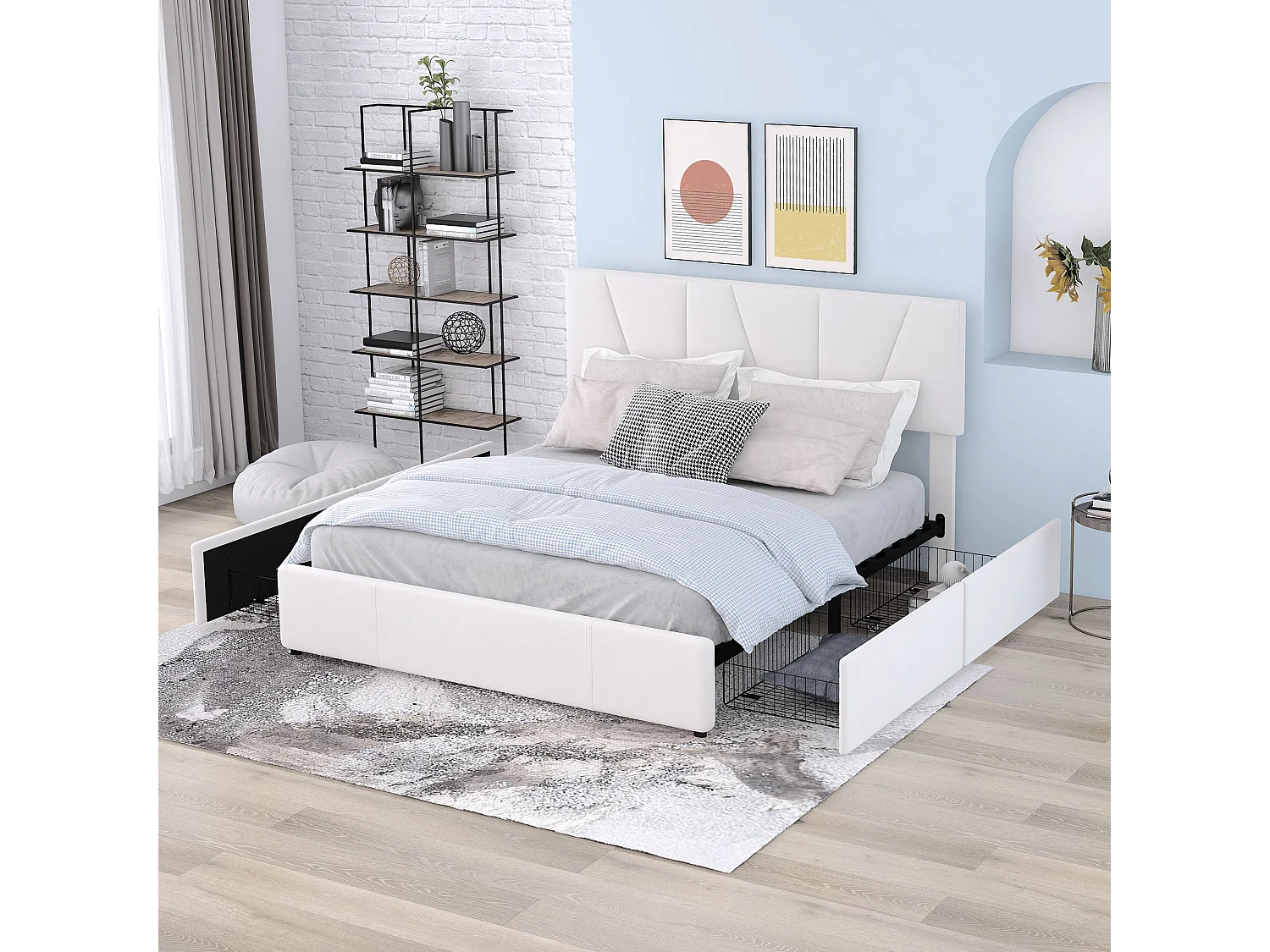 Bed met lades 140x200 cm - beige fluweel - tienerbed met verstelbaar hoofdeinde - 4 lades - zonder matras