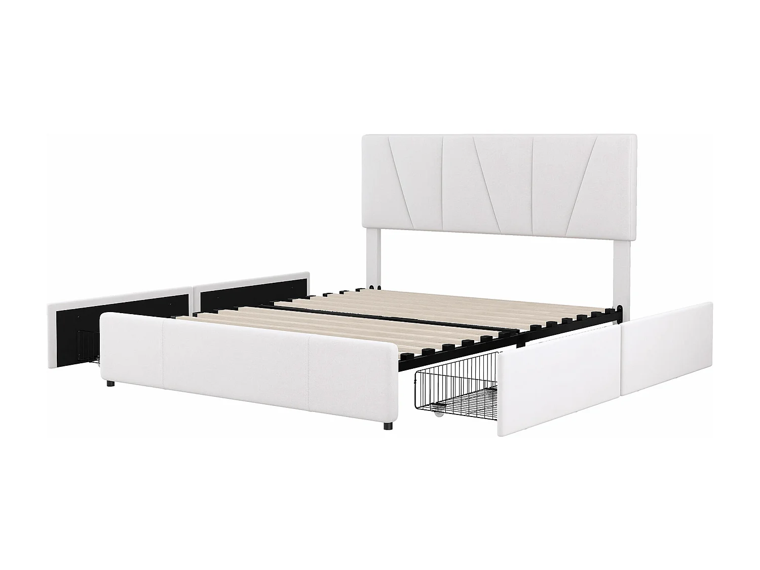 Bed met lades 140x200 cm - beige fluweel - tienerbed met verstelbaar hoofdeinde - 4 lades - zonder matras