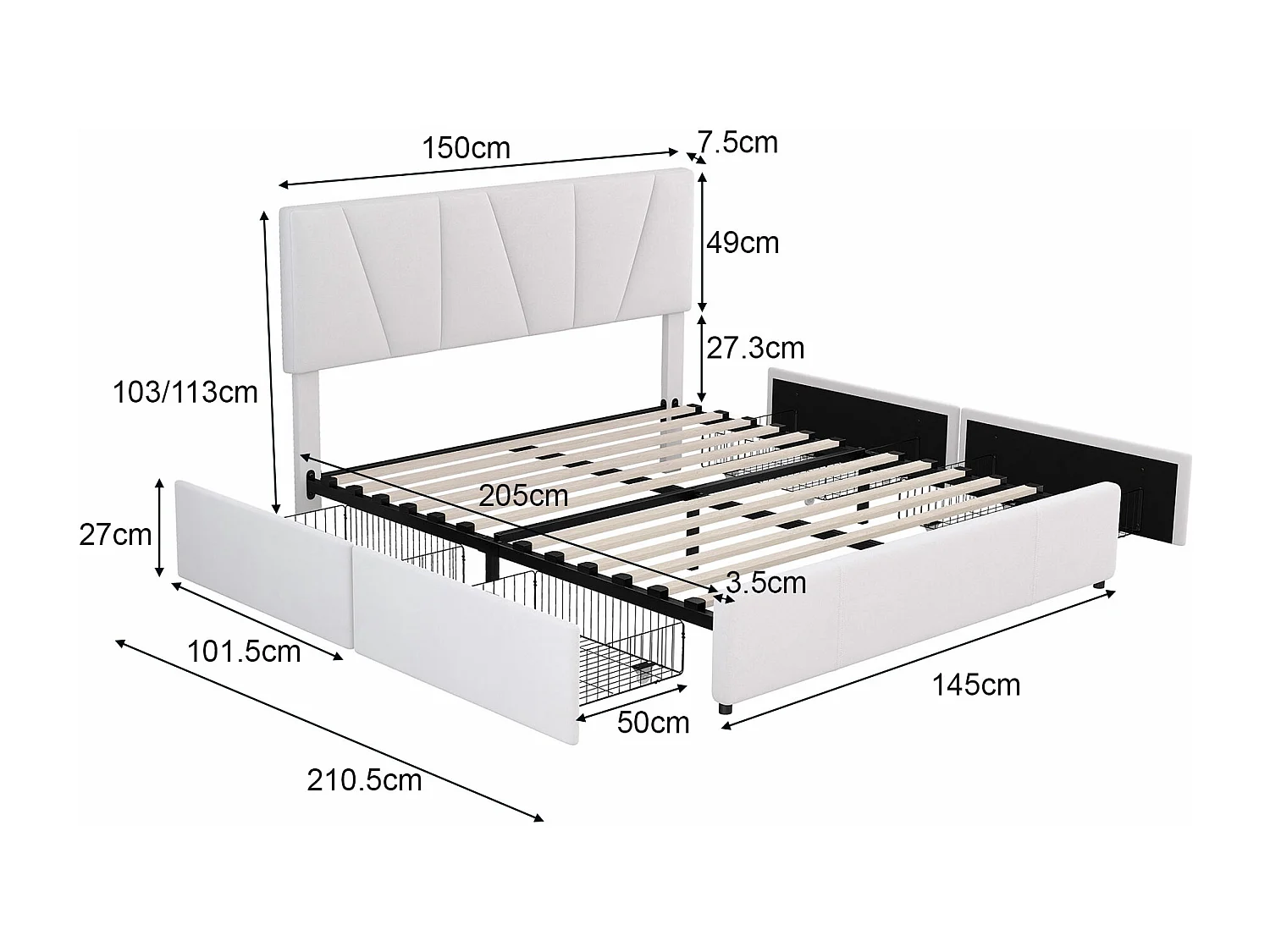 Bett mit Schubladen 140 x 200 cm – beigefarbener Samt – Jugendbett mit verstellbarem Kopfteil – 4 Schubladen – ohne Matratze