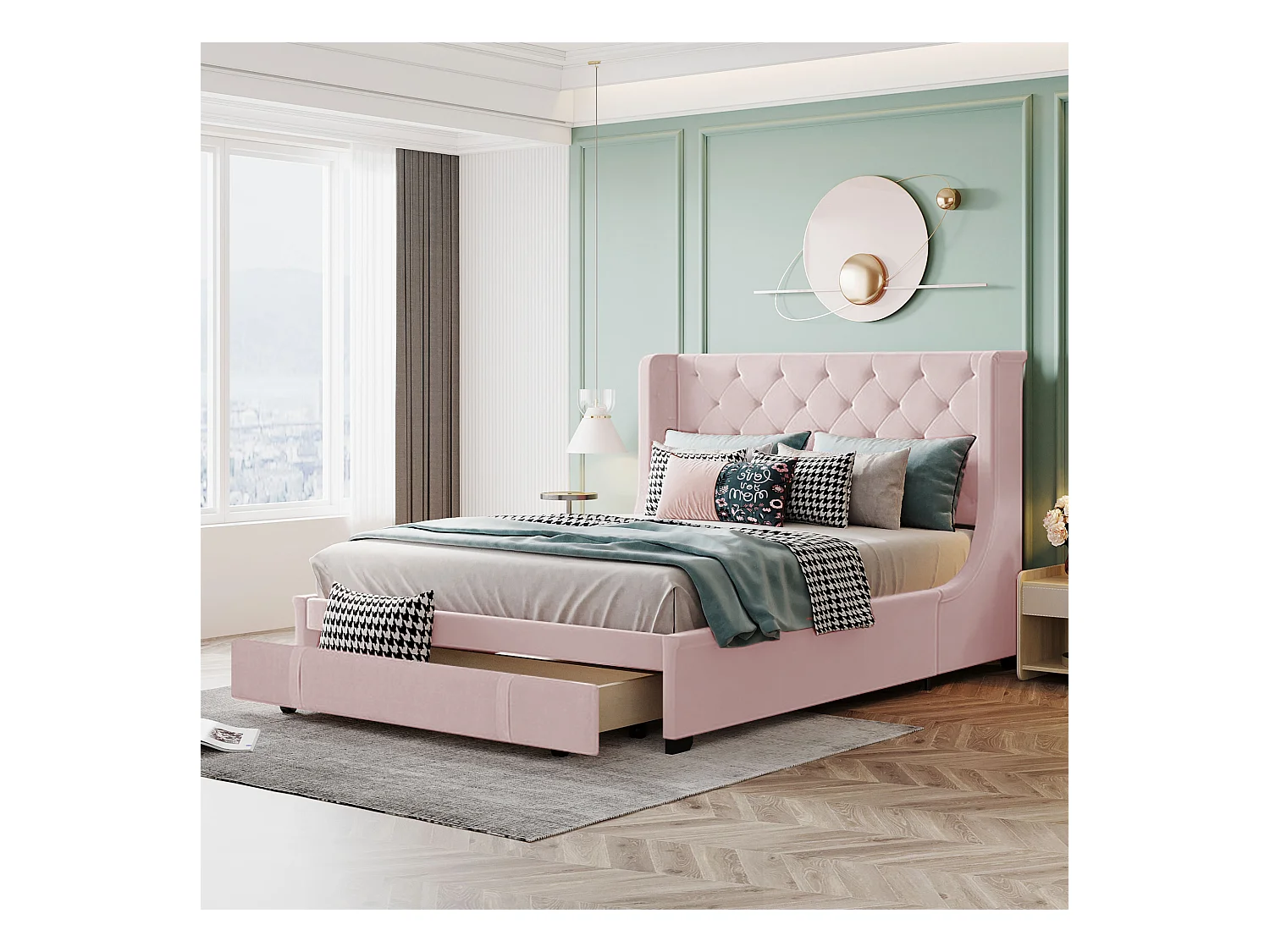 Lit adulte 140x200 cm lit double avec dossier et  tiroirs - lin rose - sans matelas