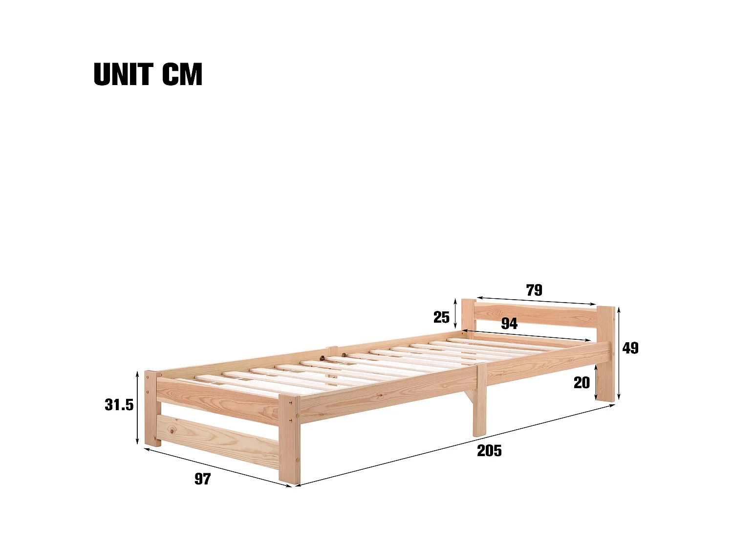 Lit Adulte Simple en bois massif  200x90 cm Tête de lit et sommier à lattes - Naturel