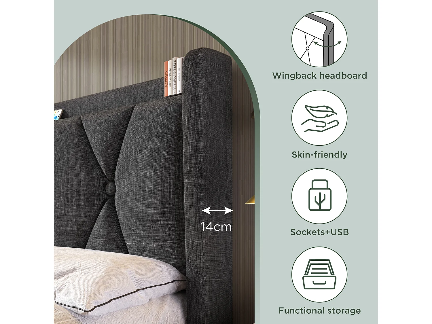 Lit rembourré double 160x200 cm avec 4 tiroirs et USB - sommier à lattes en bois - Gris(matelas inclus)