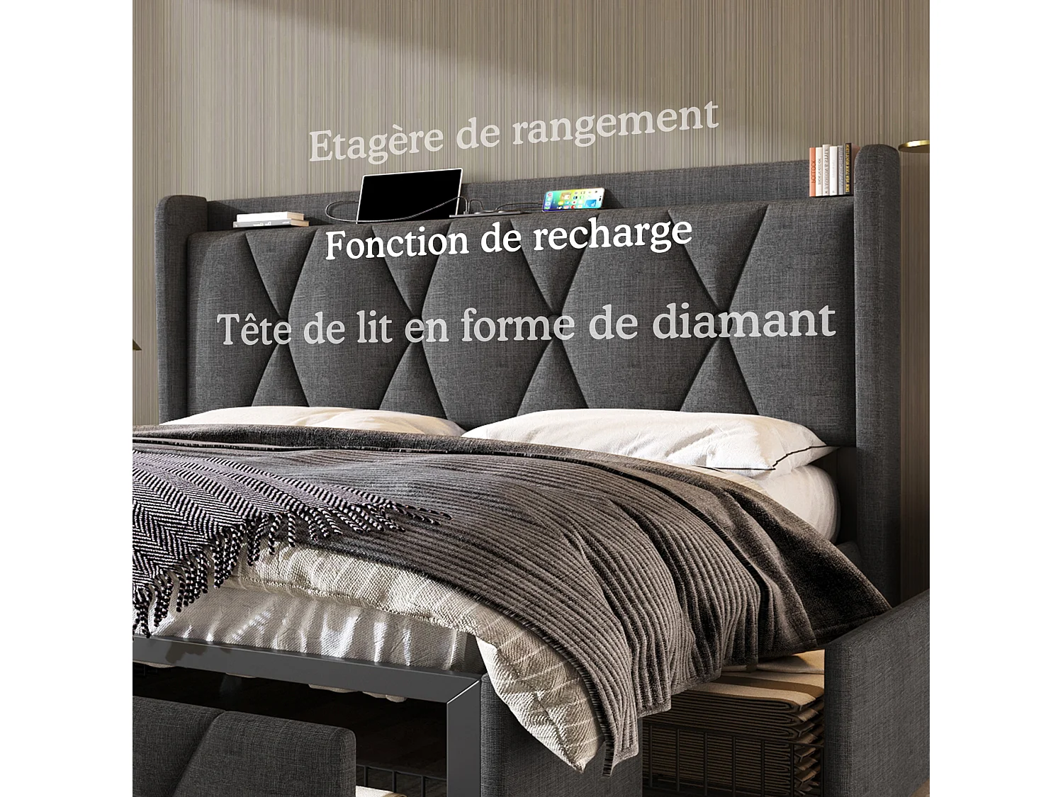 Lit rembourré double 160x200 cm avec 4 tiroirs et USB - sommier à lattes en bois - Gris(matelas inclus)