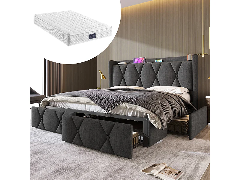 Letto imbottito matrimoniale 160x200 cm con 4 cassetti e USB - rete a doghe in legno - Grigio (materasso incluso)
