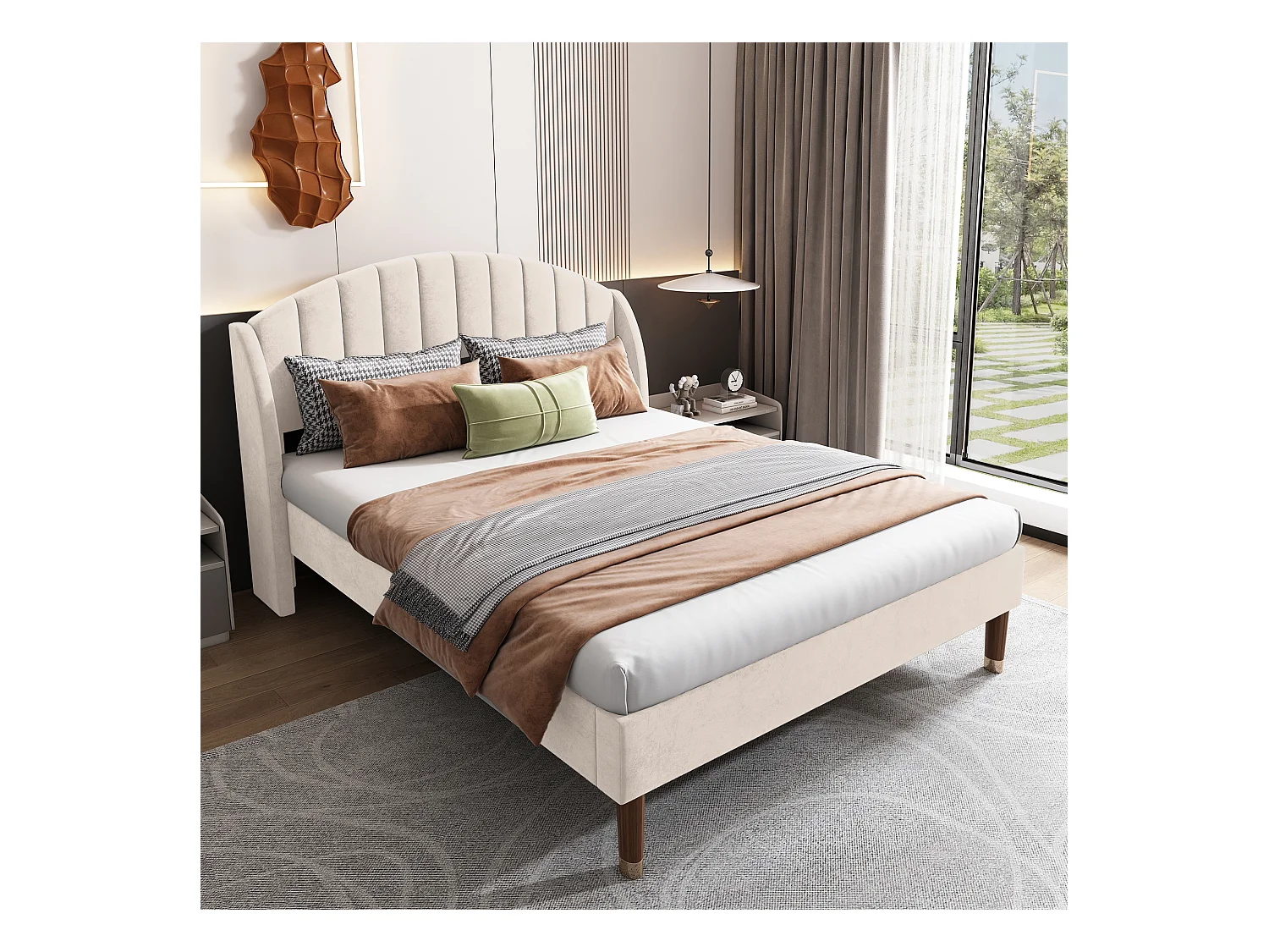 Lit double 140x190 cm lit adulte avec pieds en bois - tissu en velours beige - sans matelas