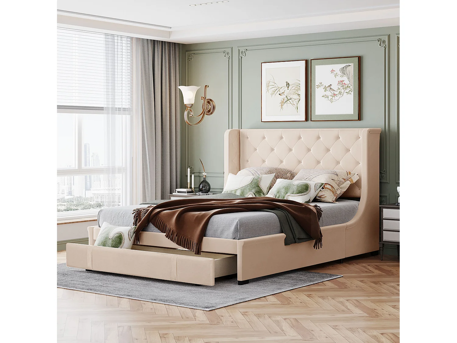 Lit adulte 140x200 cm lit double avec dossier et  tiroirs - lin beige - sans matelas