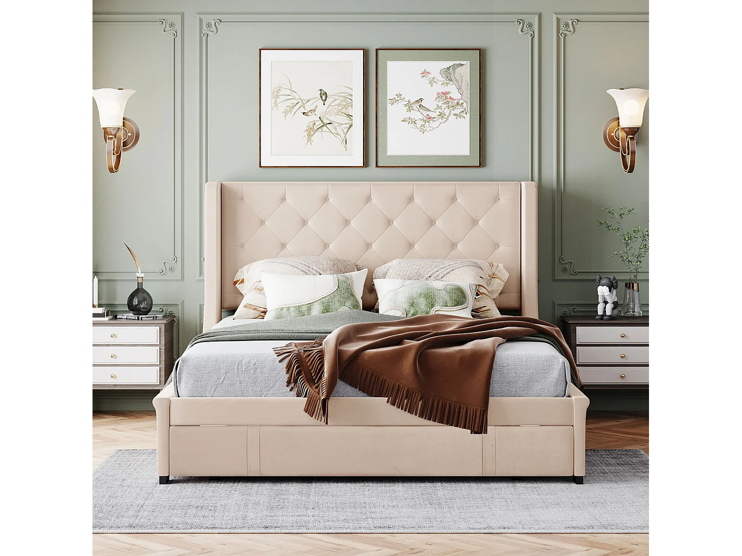 Lit adulte 140x200 cm lit double avec dossier et  tiroirs - lin beige - sans matelas