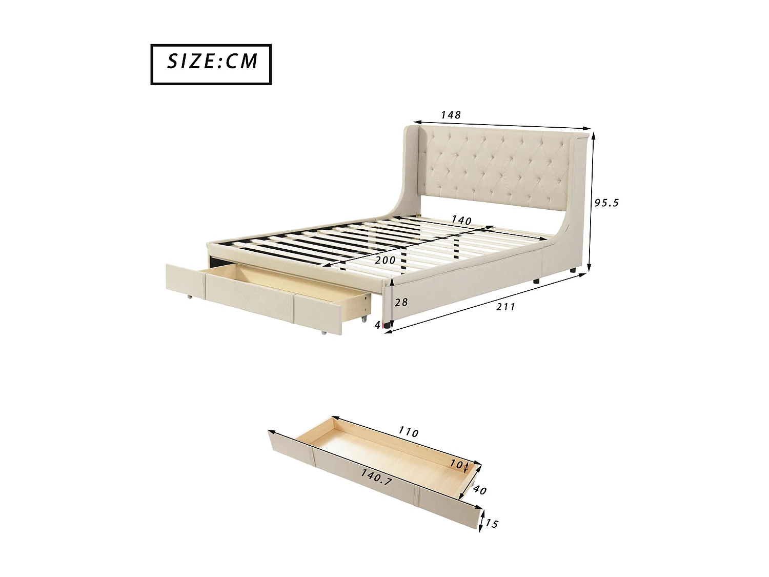 Lit adulte 140x200 cm lit double avec dossier et  tiroirs - lin beige - sans matelas