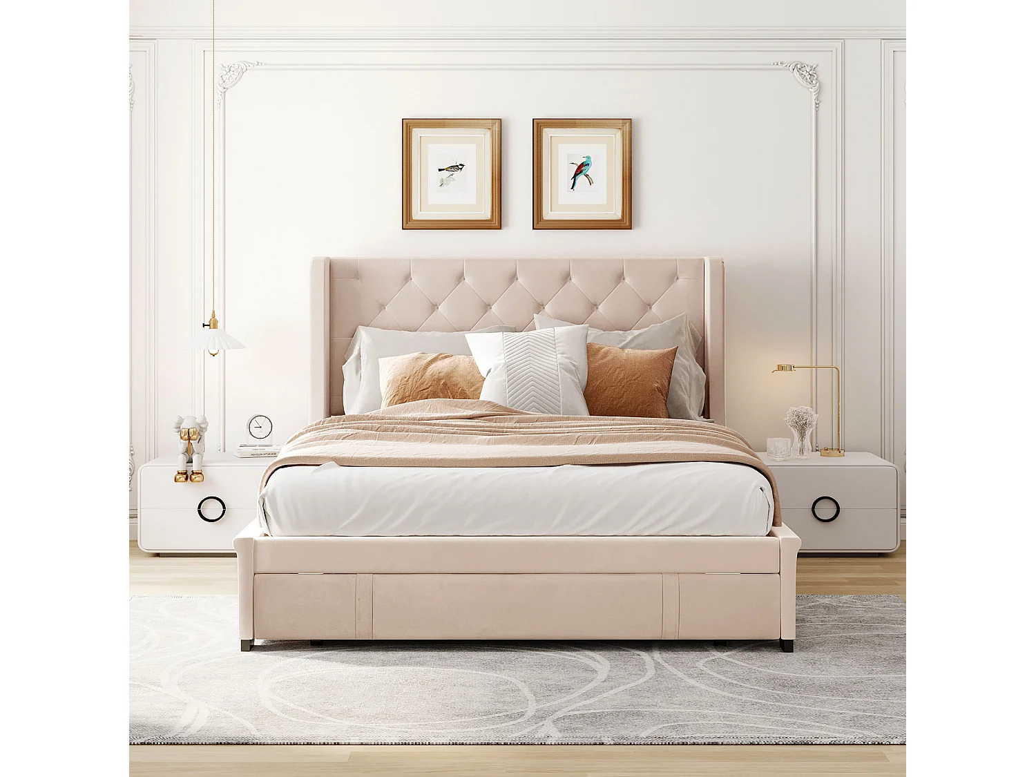 Lit adulte 140x200 cm lit double avec dossier et  tiroirs - lin beige - sans matelas