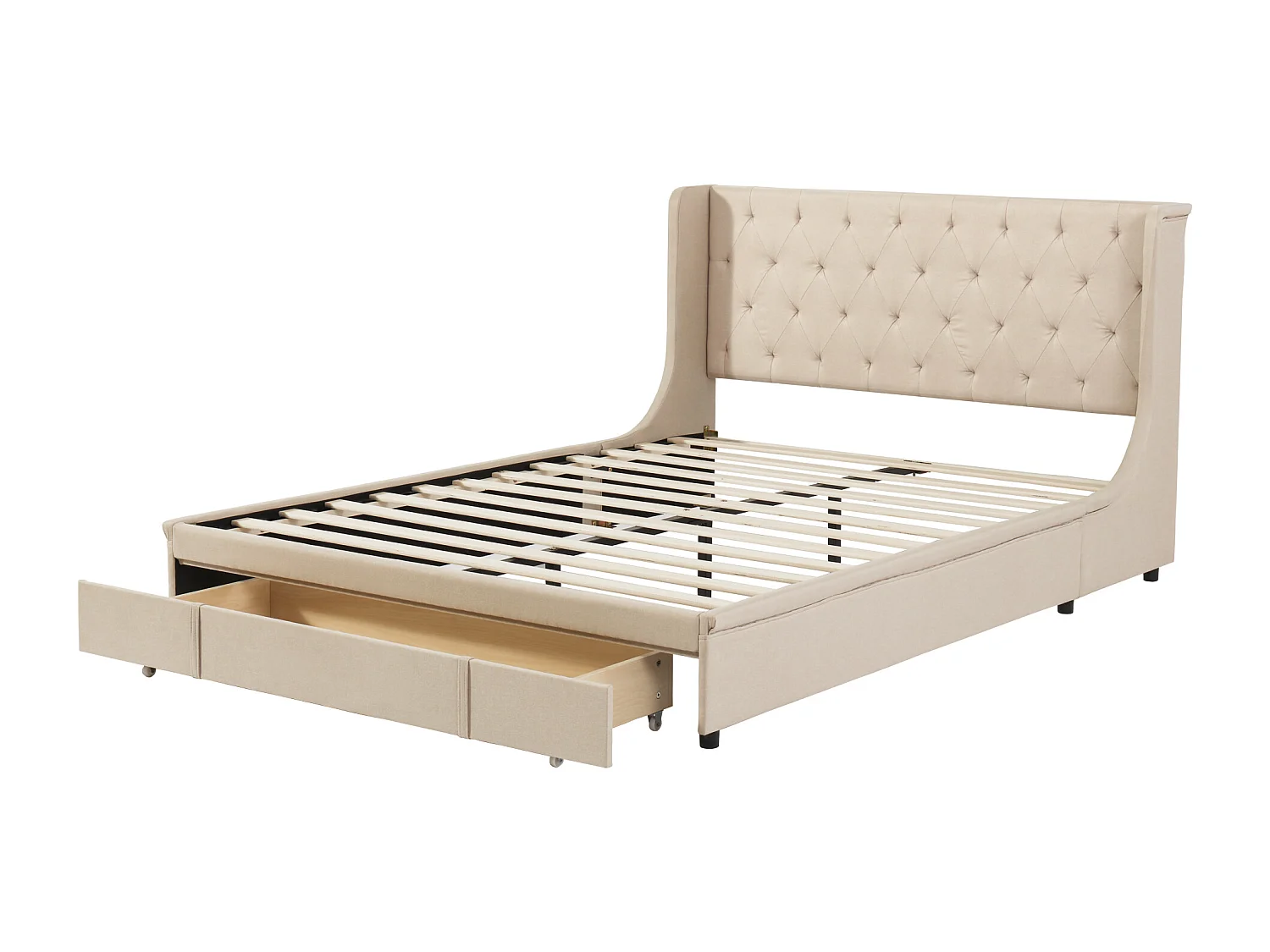 Bed 140x200 cm - beige linnen - gestoffeerd bed met rugleuning en lade - matras niet inbegrepen