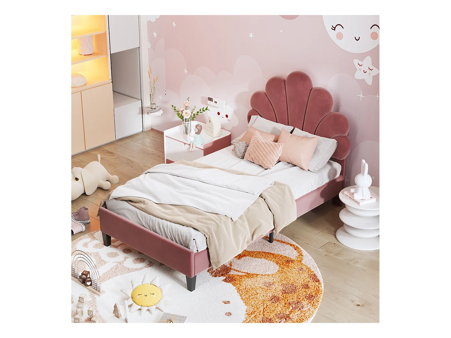 Lit enfant 90x200 cm lit simple avec tête de lit en forme de fleur - velours Rouge - sans matelas