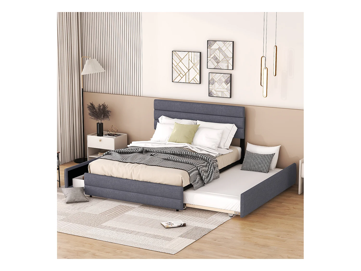 Lit avec tiroirs Lit double 140x200 cm en Lin avec 2 tiroirs - Gris