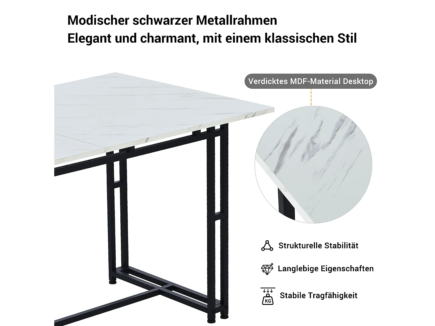 Table à manger de luxe légère 120x70x74 cm rectangulaire avec pieds métalliques - Blanc et Noir