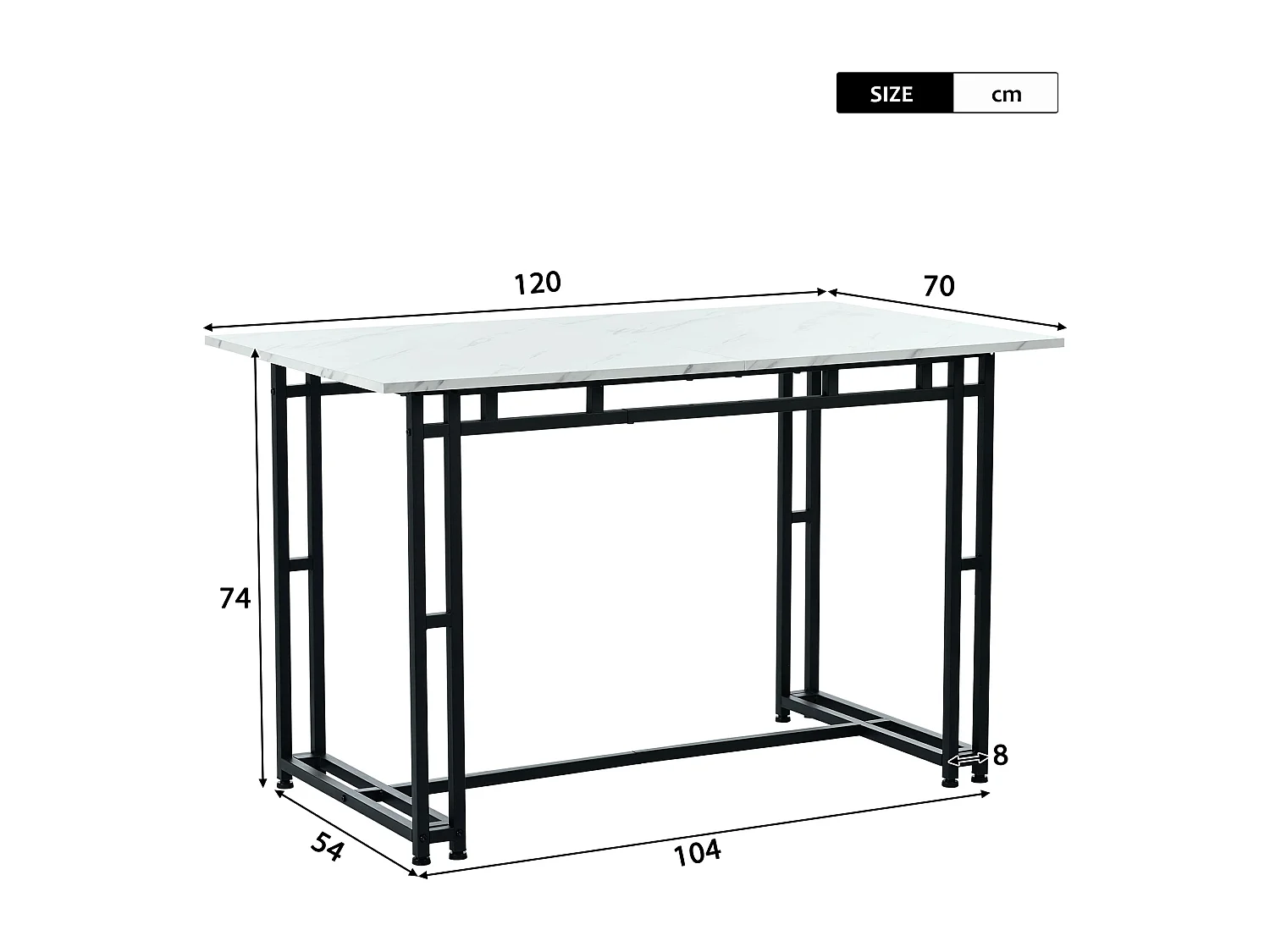 Table à manger de luxe légère 120x70x74 cm rectangulaire avec pieds métalliques - Blanc et Noir