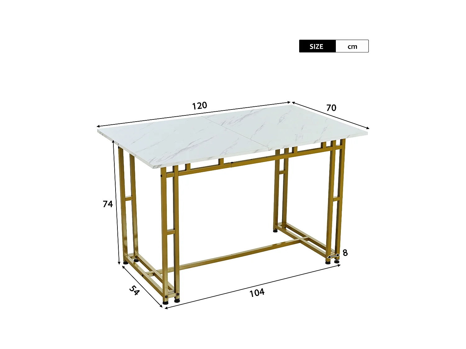 Table à manger de luxe légère 120x70x74 cm rectangulaire avec pieds métalliques - Blanc et Or