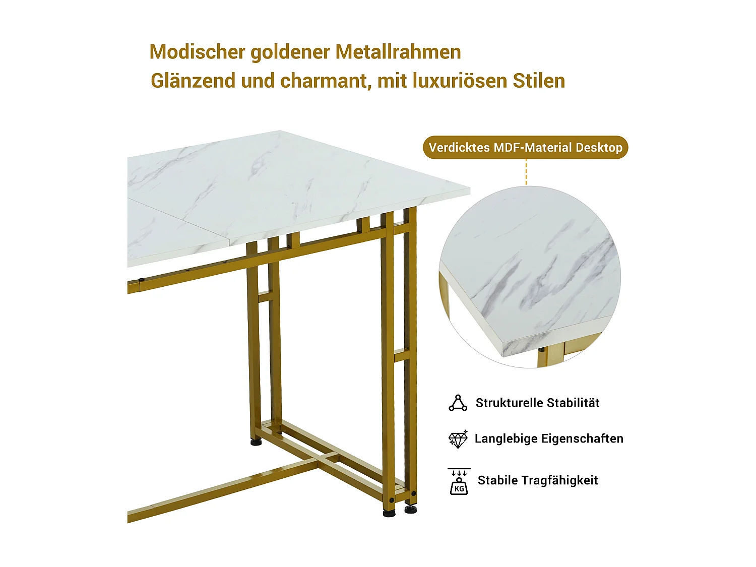 Table à manger de luxe légère 120x70x74 cm rectangulaire avec pieds métalliques - Blanc et Or