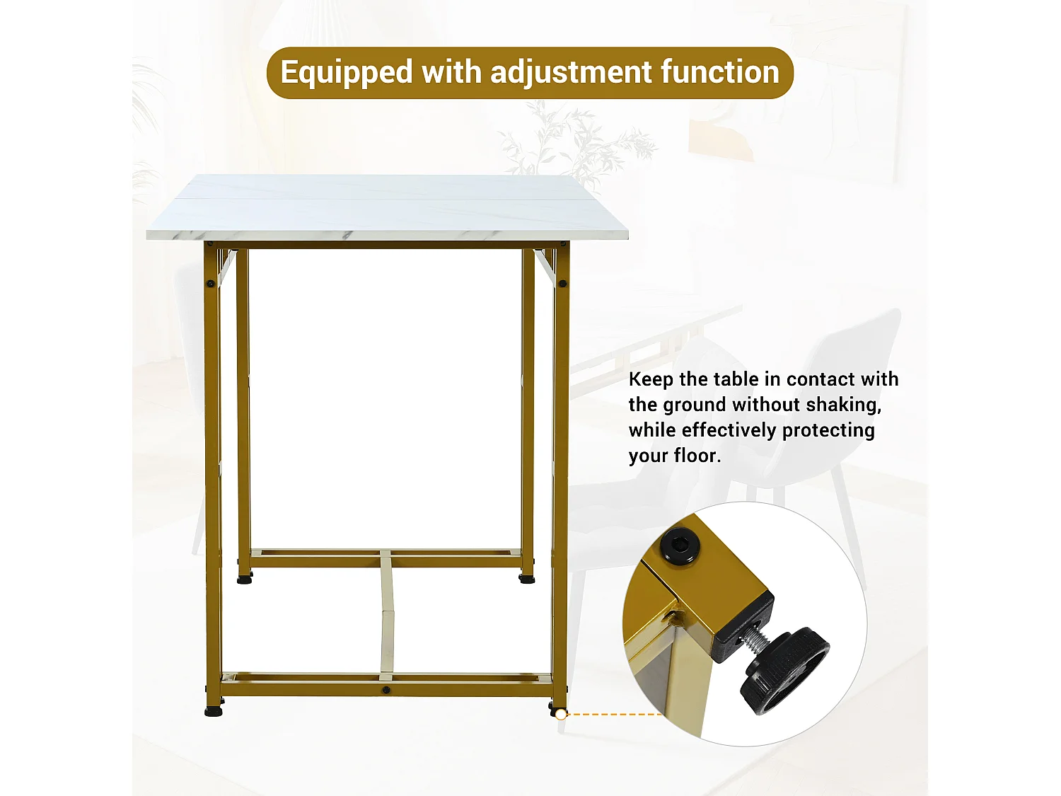 Table à manger de luxe légère 120x70x74 cm rectangulaire avec pieds métalliques - Blanc et Or