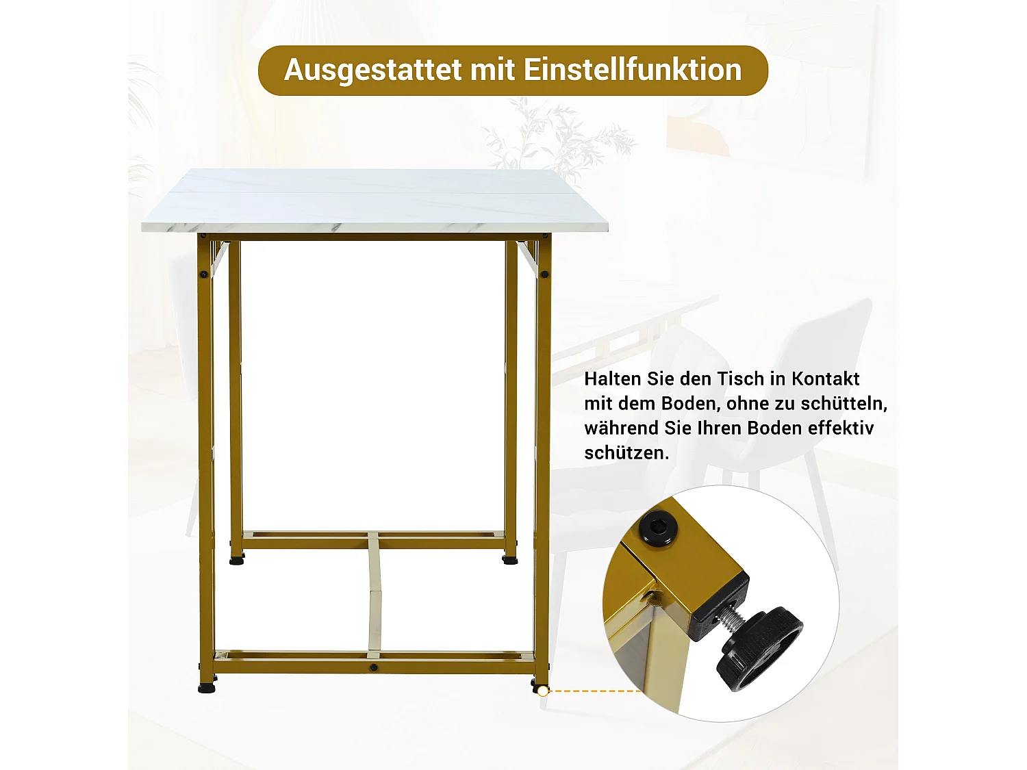 Table à manger de luxe légère 120x70x74 cm rectangulaire avec pieds métalliques - Blanc et Or