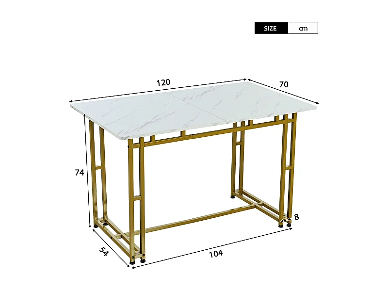 Table à manger de luxe légère 120x70x74 cm rectangulaire avec pieds métalliques - Blanc et Or