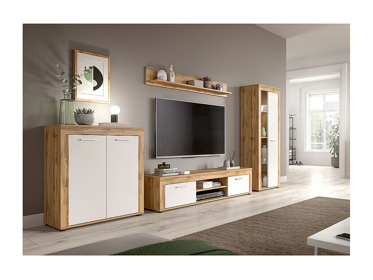 Aosta - Buffet haut en mélaminé blanc et chêne, L/H/P 80x88x35