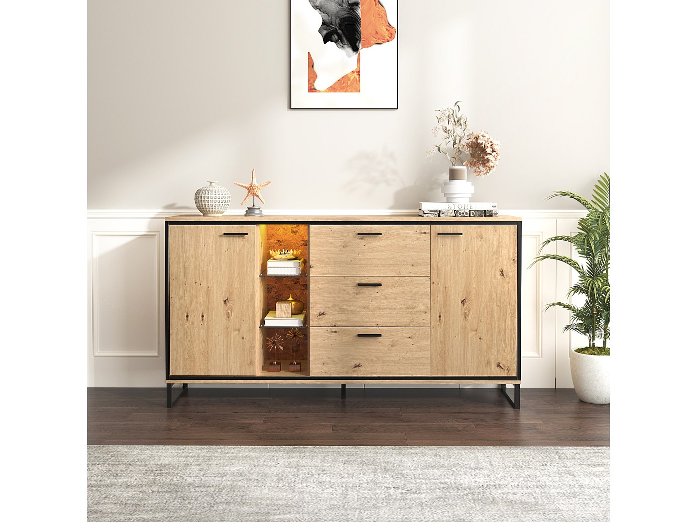 Dressoir, Opbergkast, 200x75x35cm, 4 Deuren, Woonkamer, hal, Cement