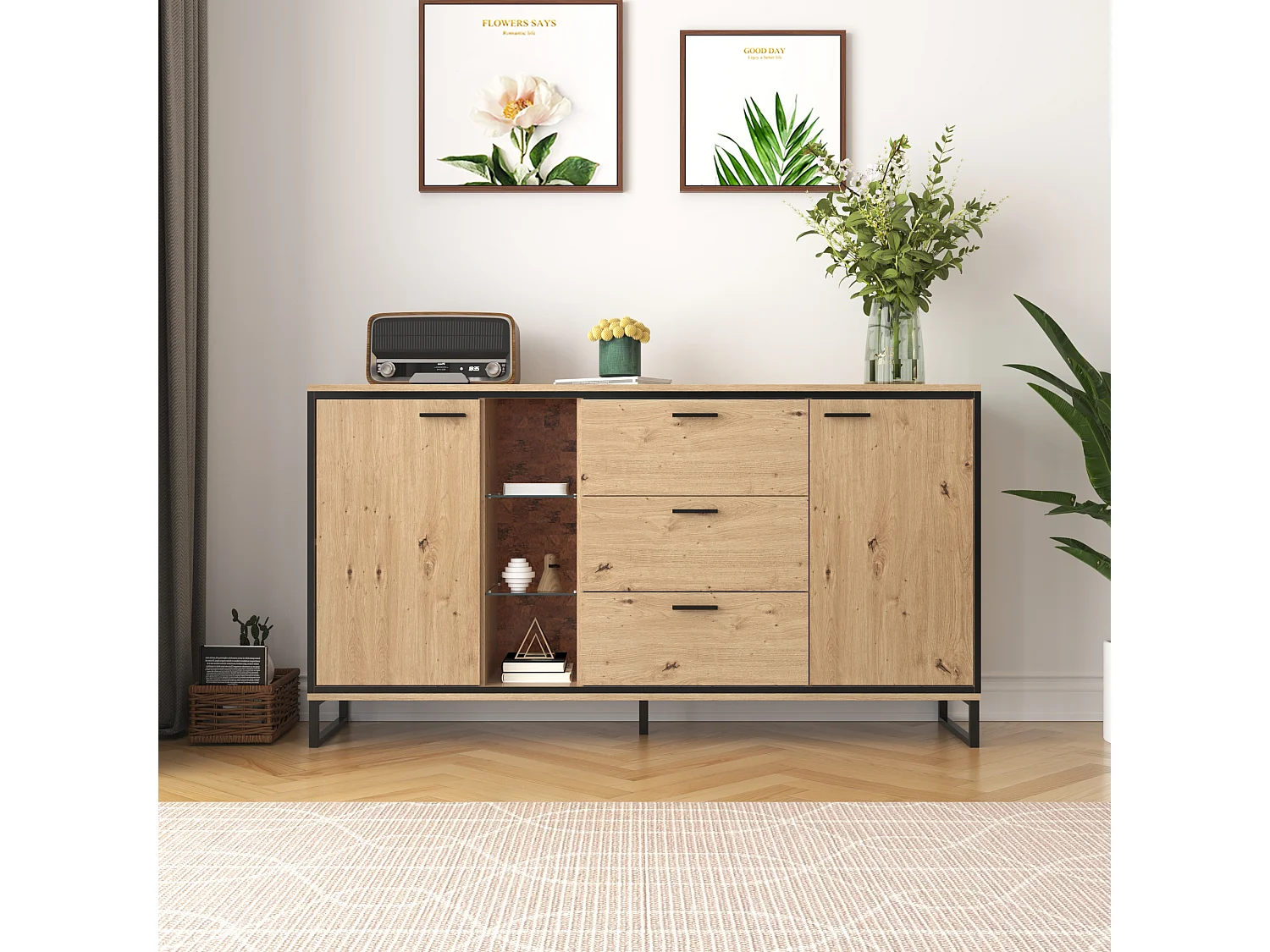 Buffet en bois de salon avec 3 tiroirs et 2 portes - 160x40x85 cm