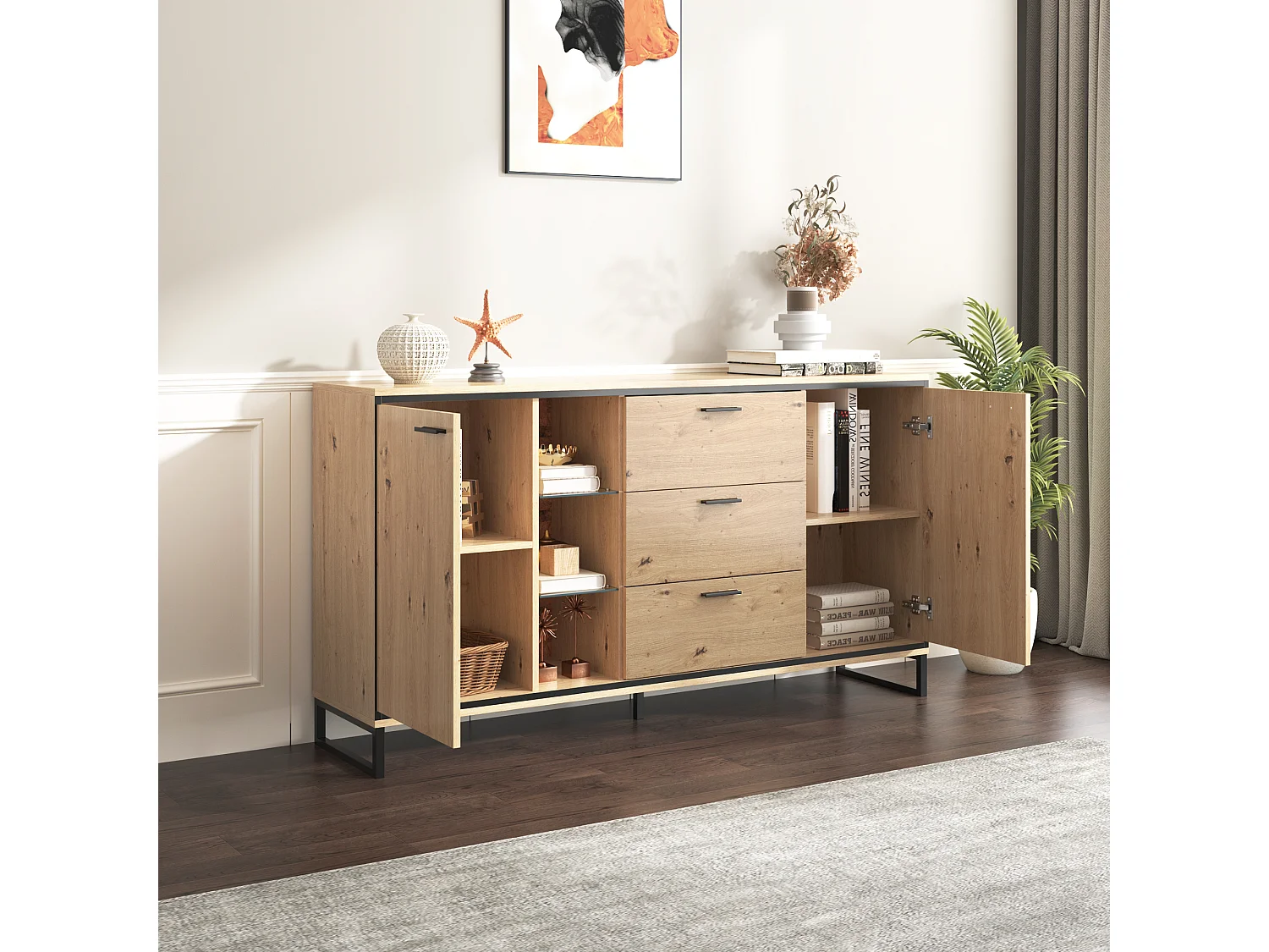 Buffet en bois de salon avec 3 tiroirs et 2 portes - 160x40x85 cm