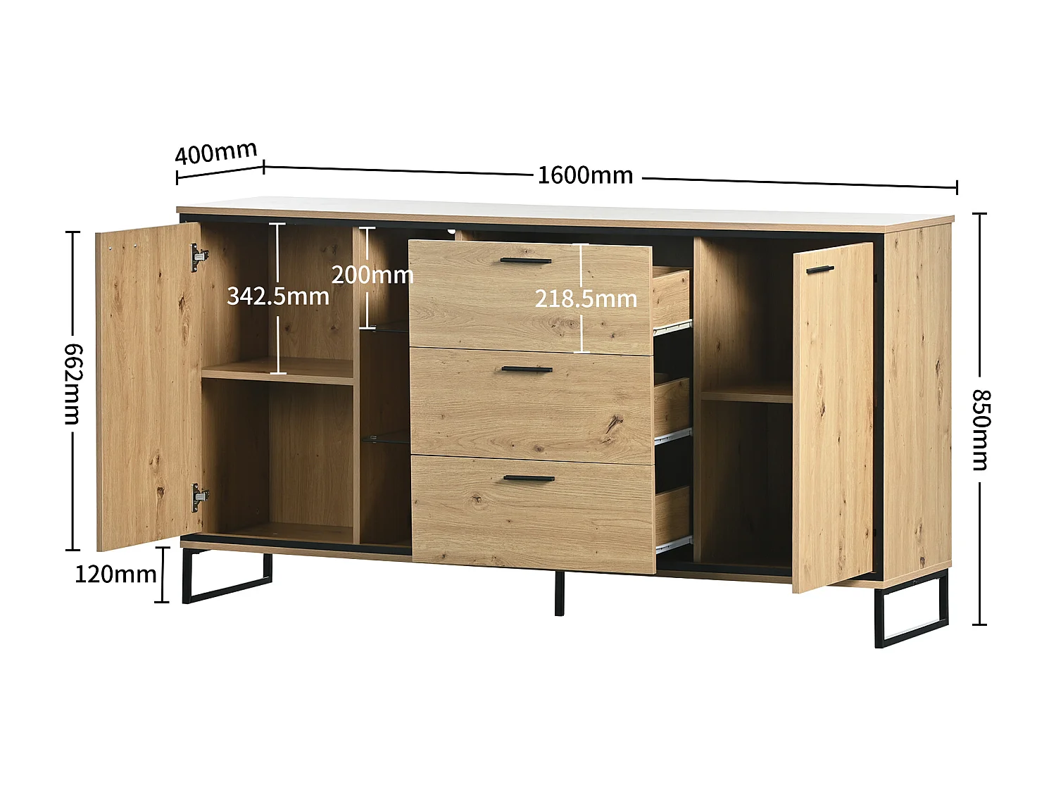 Buffet en bois de salon avec 3 tiroirs et 2 portes - 160x40x85 cm