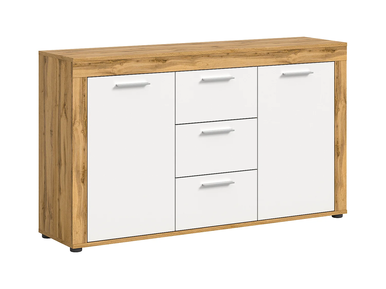 Aosta - Buffet en mélaminé blanc et chêne, L/H/P 125x80x35