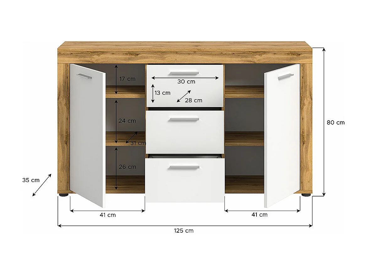 Aosta - Buffet en mélaminé blanc et chêne, L/H/P 125x80x35