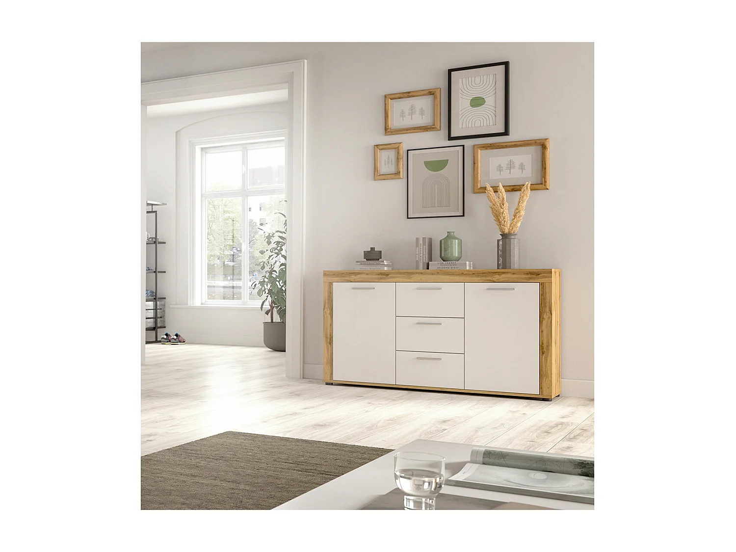 Aosta - Buffet en mélaminé blanc et chêne, L/H/P 125x80x35