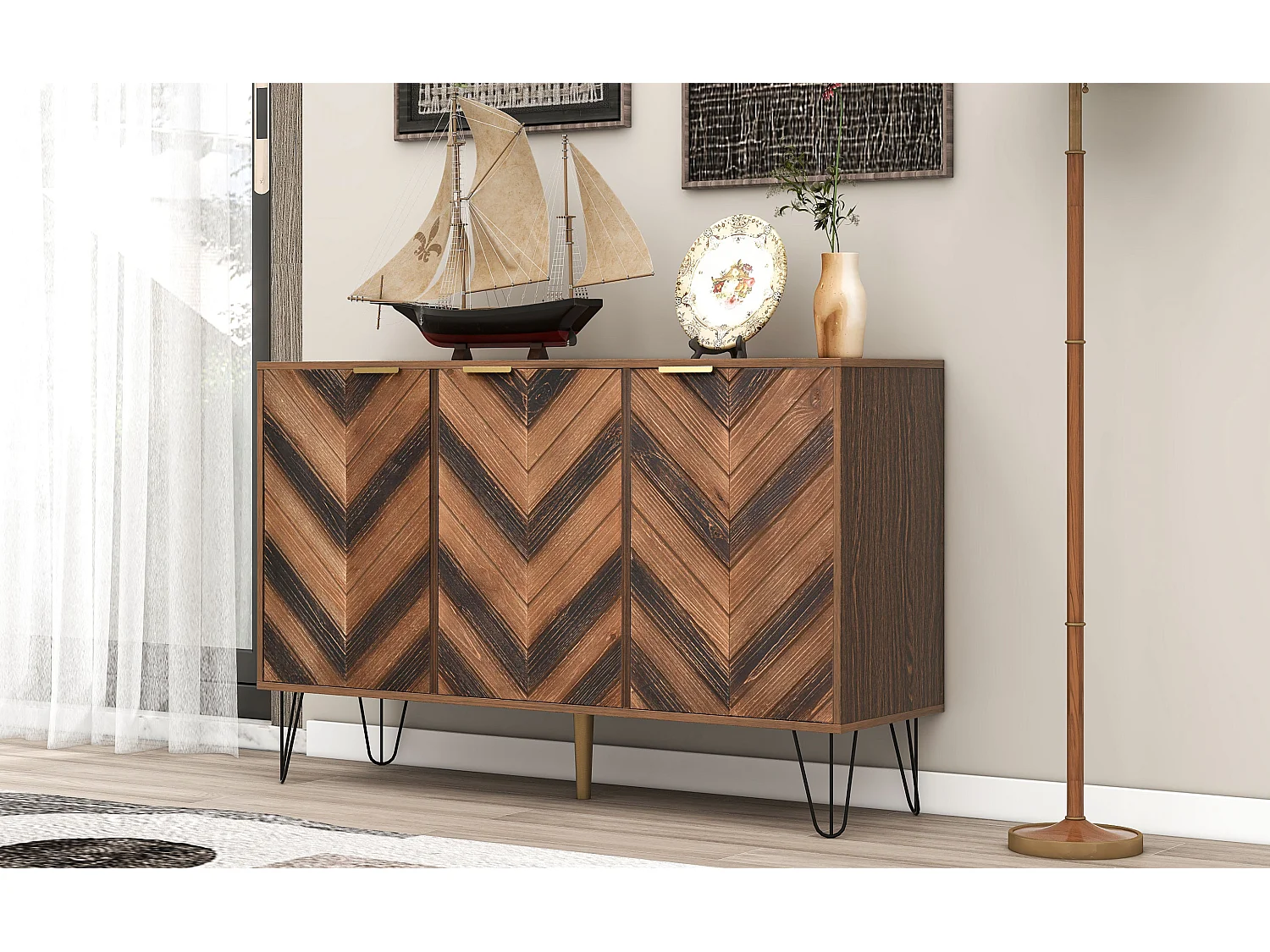 Buffet exclusif à 3portes 120x38x76.5 cm - plaquée bois massif, aspect concave et convexe