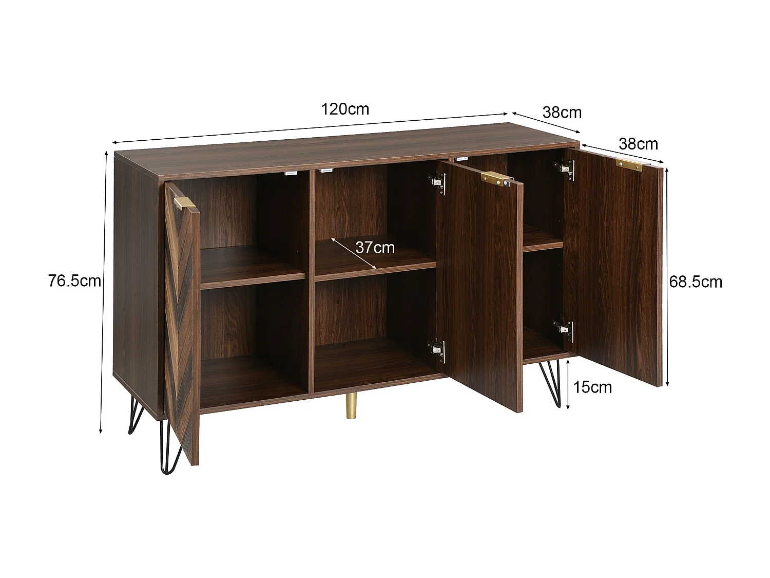 Buffet exclusif à 3portes 120x38x76.5 cm - plaquée bois massif, aspect concave et convexe