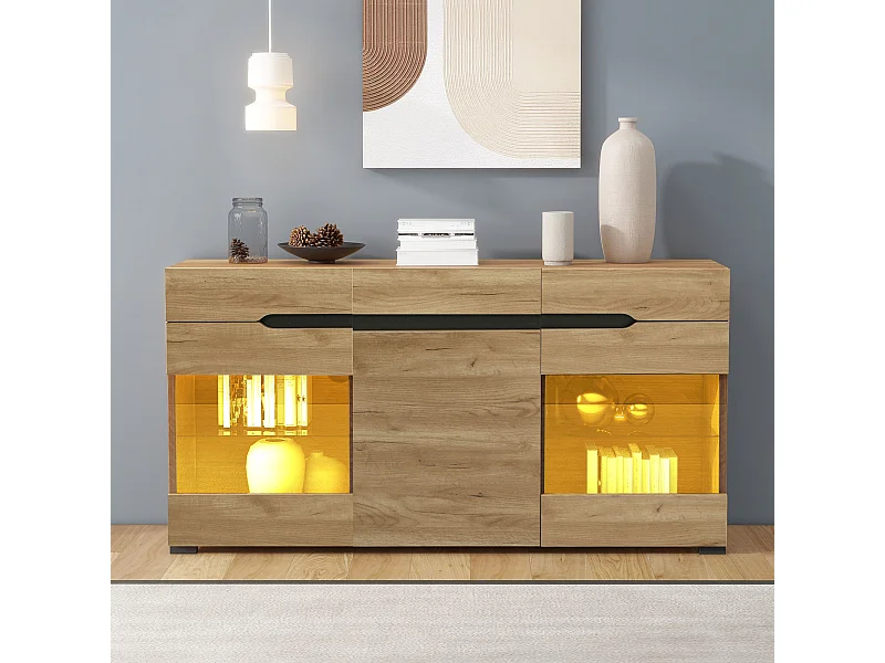 Sideboard mit LED-Beleuchtung, 3 Türen 3 Schubladen, Holzfarbe, für Wohnzimmer oder Esszimmer