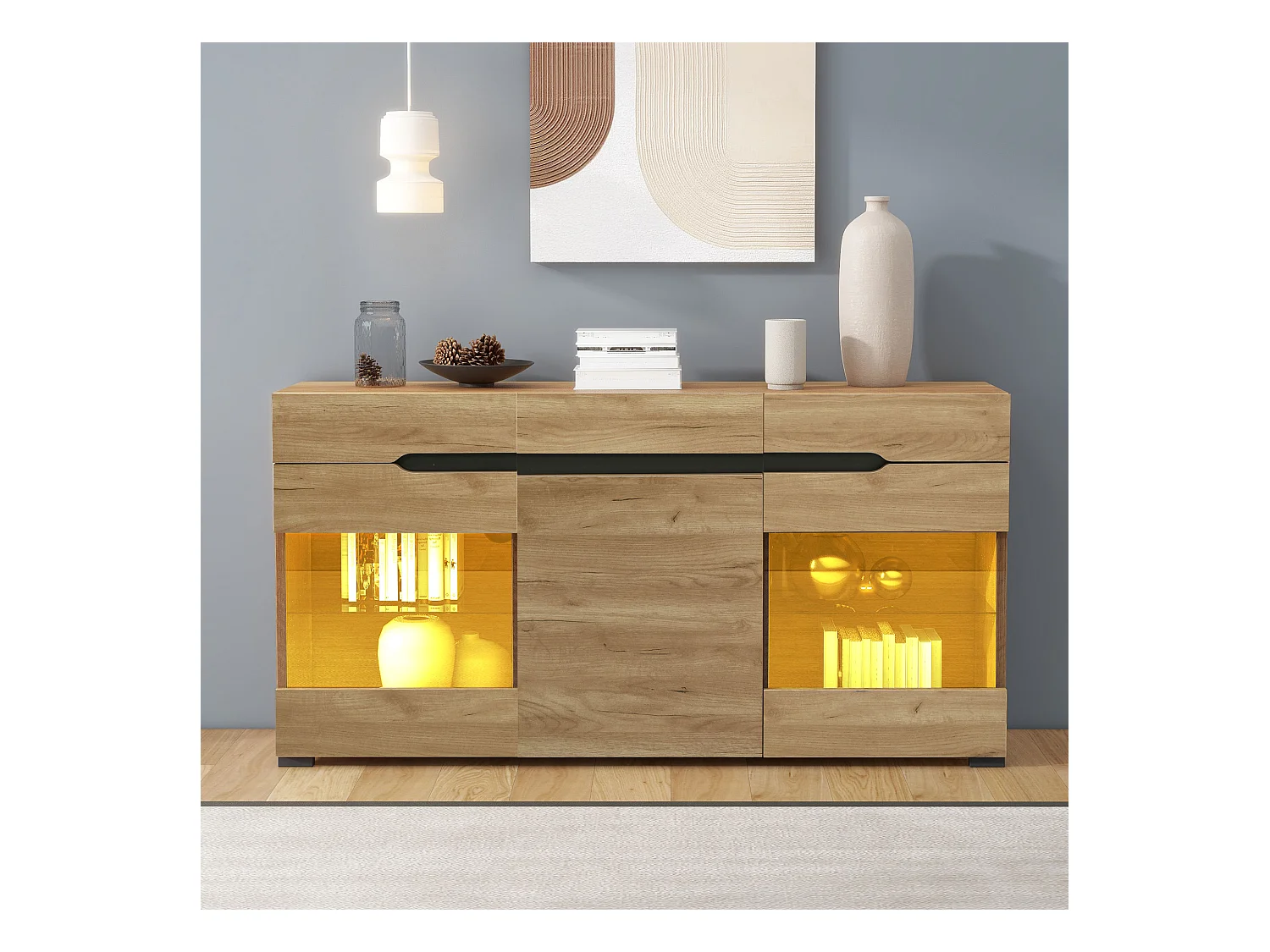 Buffet naturel avec 3 portes, commode à 3 tiroirs - 140x35x80 cm