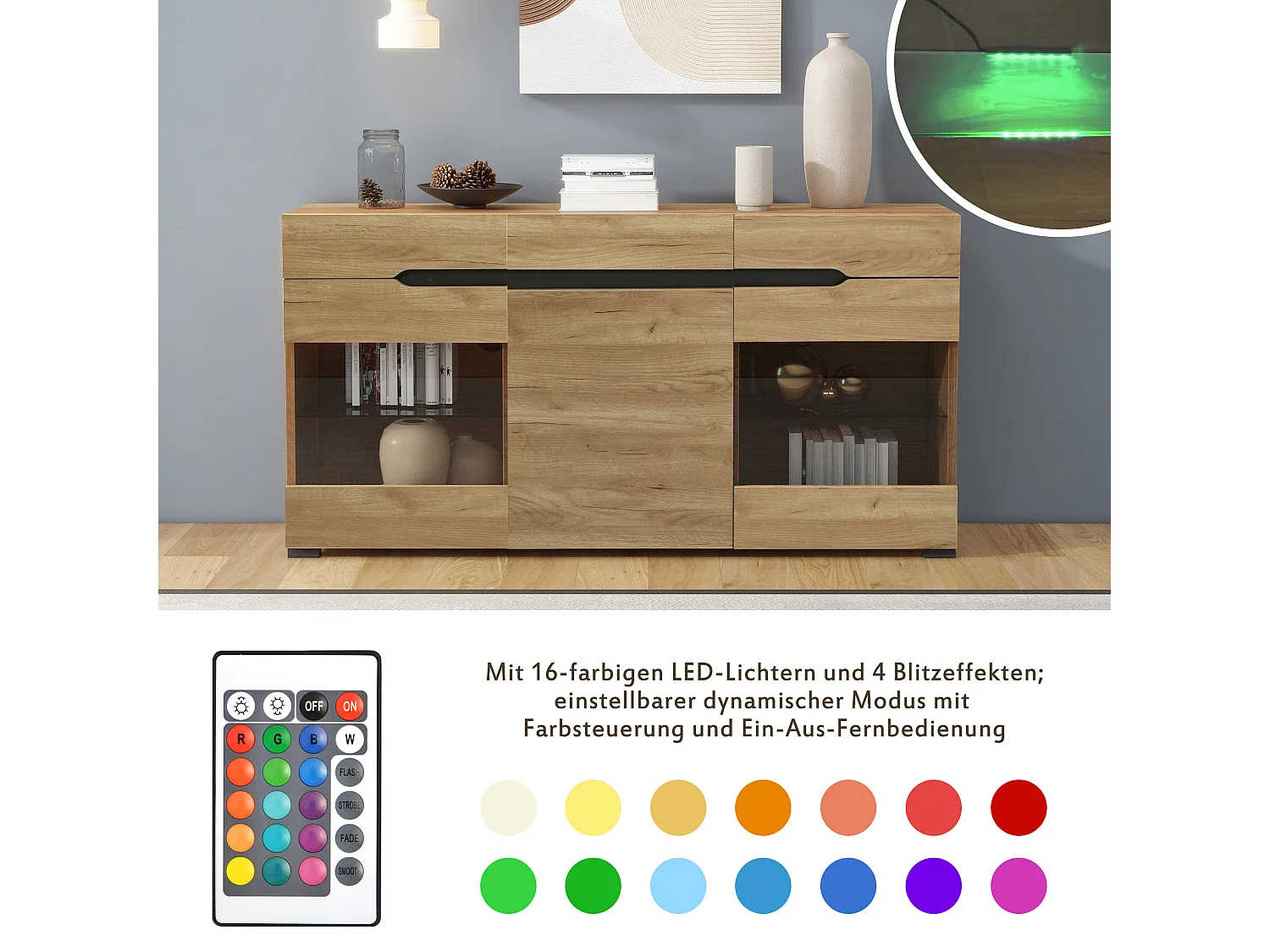 Komoda z oświetleniem LED, 3 drzwi, 3 szuflady, kolor drewna, do salonu lub jadalni