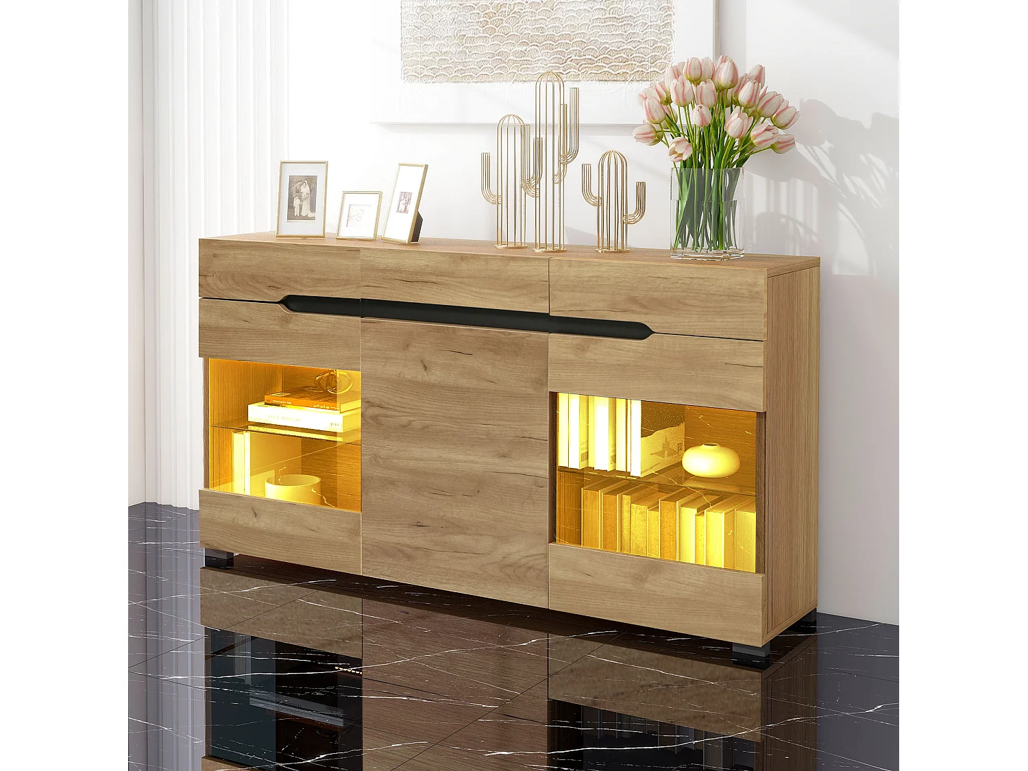 Komoda z oświetleniem LED, 3 drzwi, 3 szuflady, kolor drewna, do salonu lub jadalni