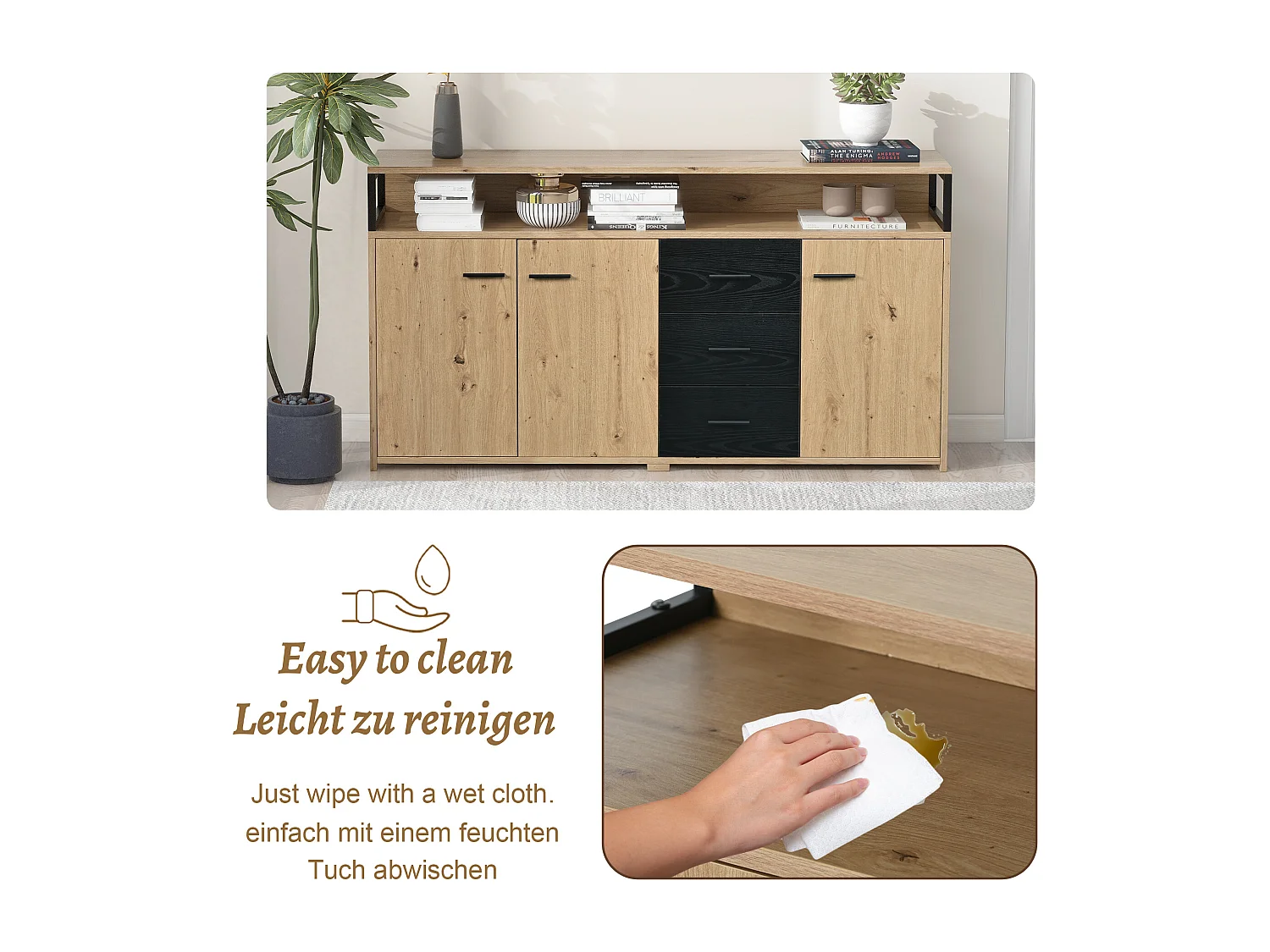 Buffet naturel avec 3 portes et 3 tiroirs de rangement, poignées en métal - pour salon et salle à manger