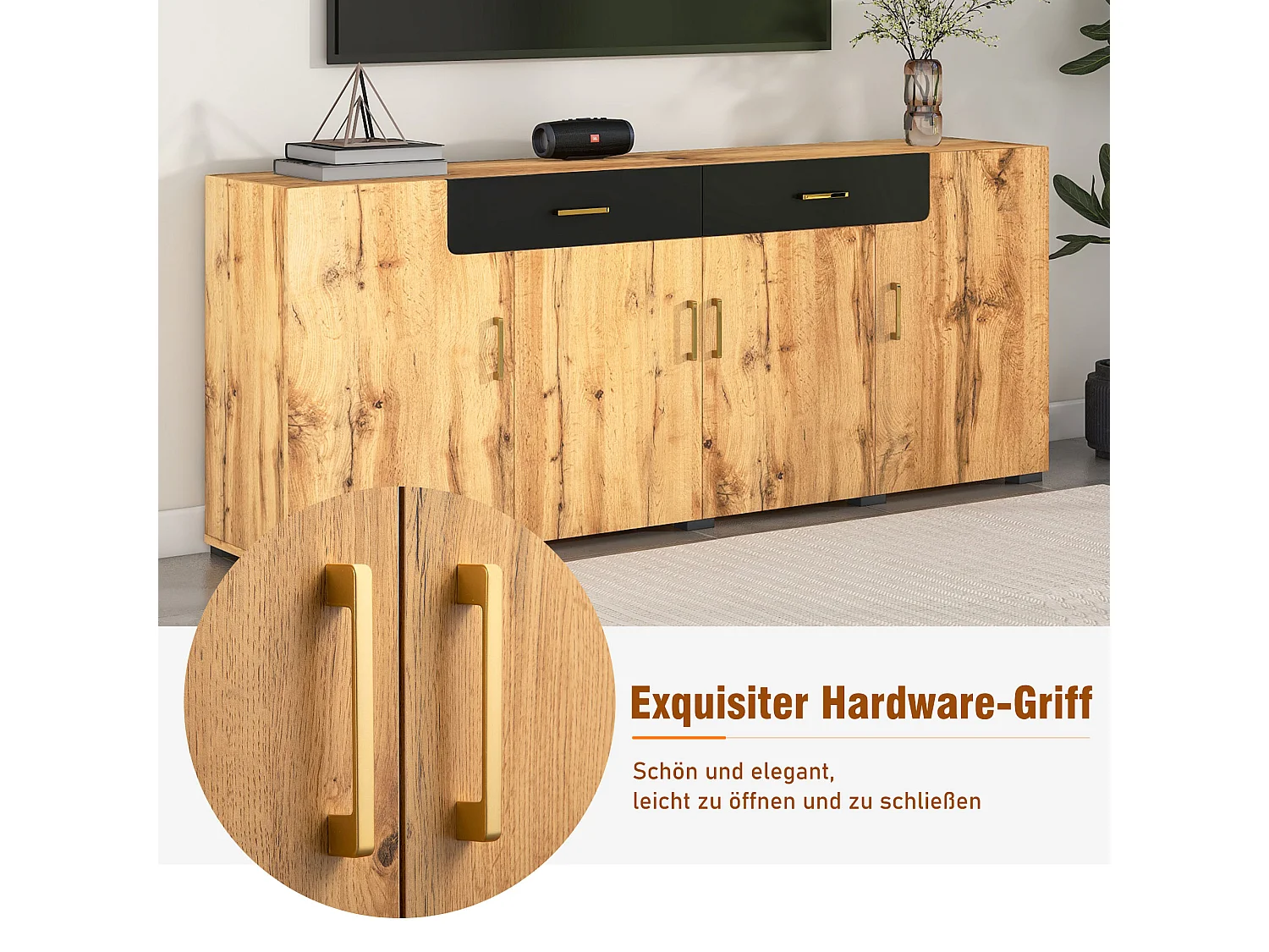 Buffet naturel avec 4 portes et 2 tiroirs - 208x39.5x80 cm