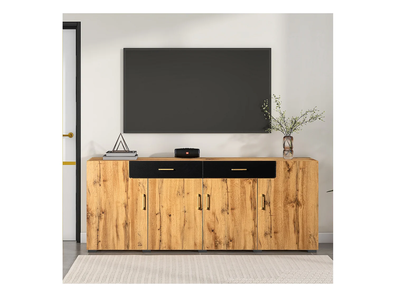 Buffet naturel avec 4 portes et 2 tiroirs - 208x39.5x80 cm