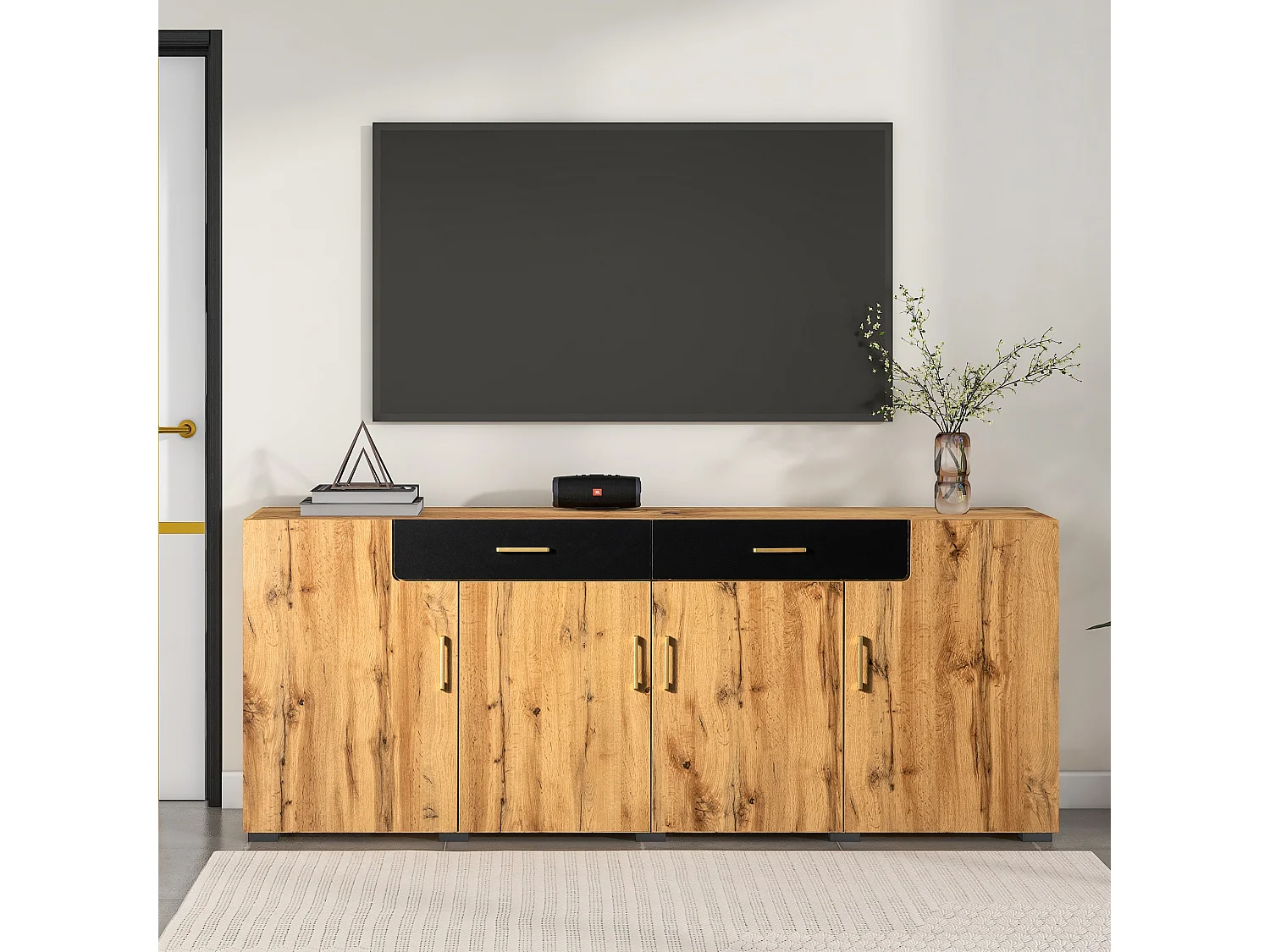 Buffet naturel avec 4 portes et 2 tiroirs - 208x39.5x80 cm