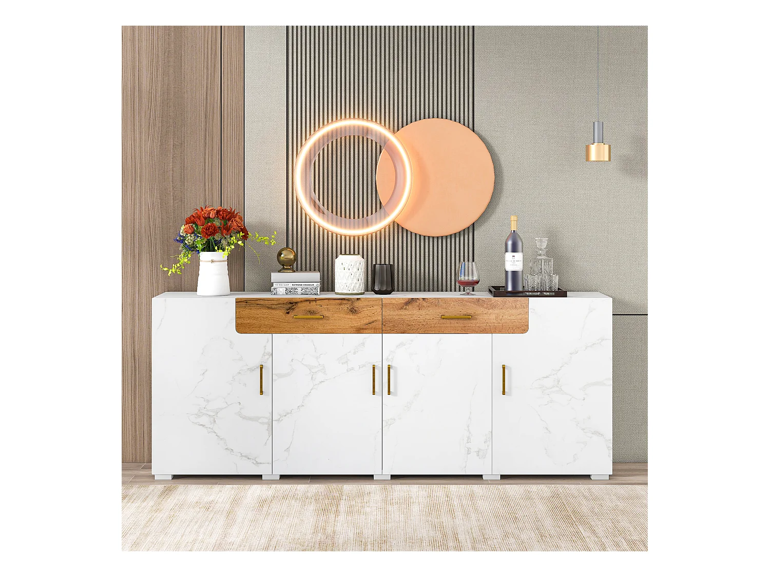 Buffet blanc avec 4 portes et 2 tiroirs - 208x39.5x80 cm