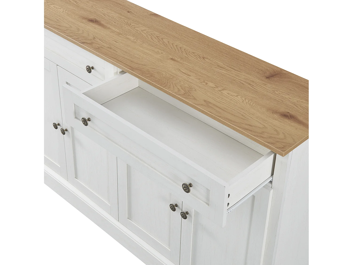 Buffet blanc et couleur de bois avec 4 portes et 2 tiroirs - 150x40x86 cm