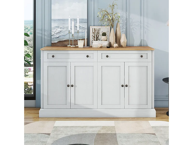 Buffet blanc et couleur de bois avec 4 portes et 2 tiroirs - 150x40x86 cm