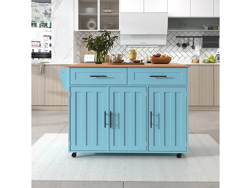 Chariot de cusine bleu avec roues et plan de travail - 129x46(71)x91,5 cm